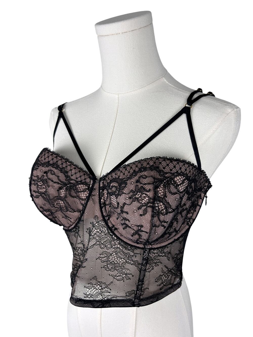 Victoria's Secret Black Floral Lace Bustier Push Up Corset Side Zip Top 36D
